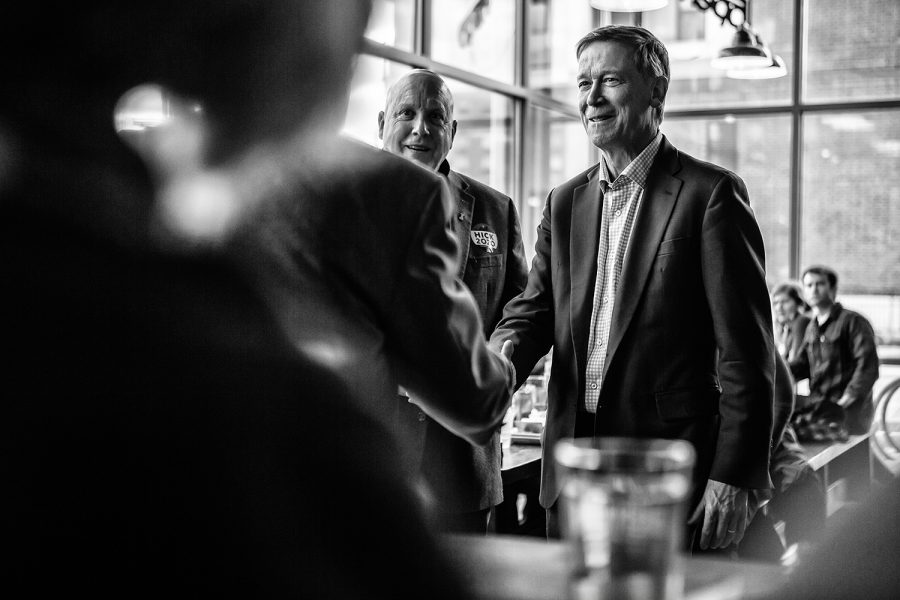 Former Colorado Gov. John Hickenlooper meets with supporters at Backpocket Brewery in Coralville on Friday, April 12, 2019.