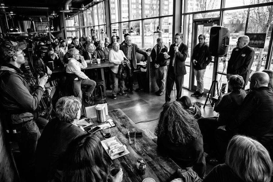 Former Colorado Gov. John Hickenlooper speaks at Backpocket Brewery in Coralville on Friday, April 12, 2019.