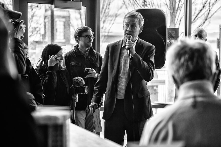 Former Colorado Gov. John Hickenlooper speaks at Backpocket Brewery in Coralville on Friday, April 12, 2019.