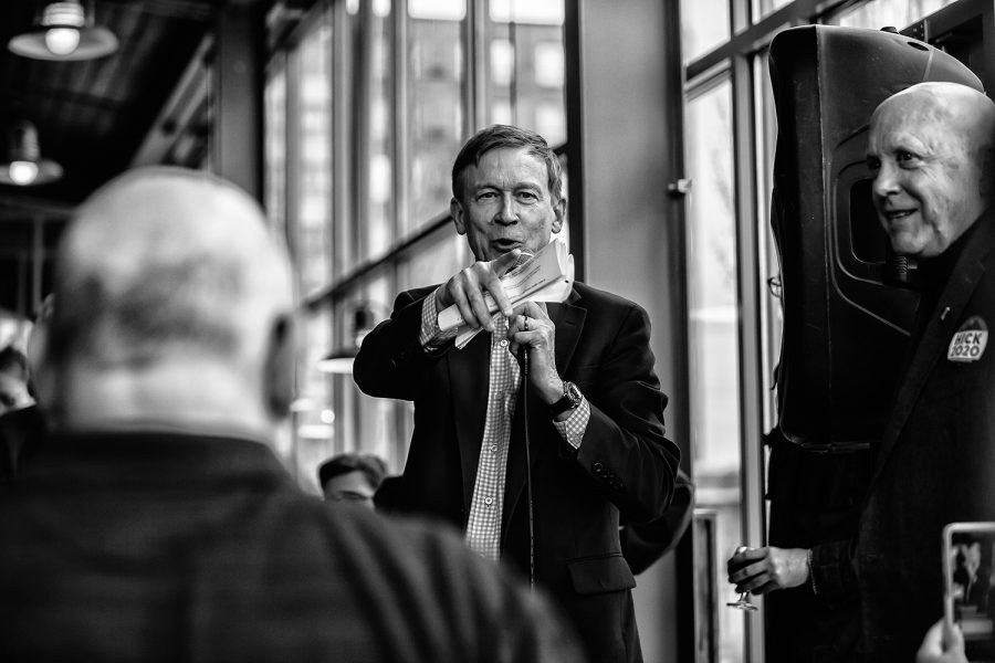 Former Colorado Gov. John Hickenlooper calls on a question at Backpocket Brewery in Coralville on Friday, April 12, 2019.