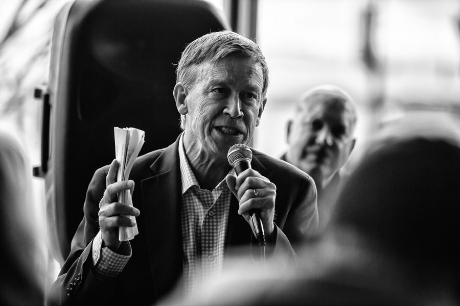 Former Colorado Gov. John Hickenlooper speaks at Backpocket Brewery in Coralville on Friday, April 12, 2019.