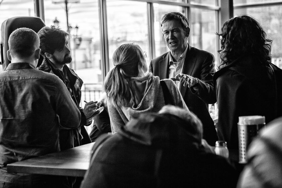 Former Colorado Gov. John Hickenlooper meets with supporters at Backpocket Brewery in Coralville on Friday, April 12, 2019.