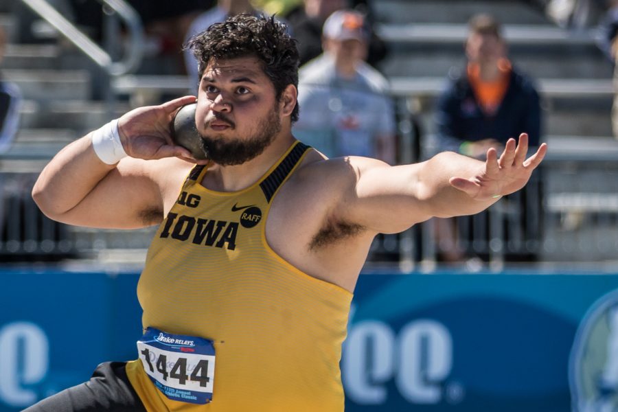 Iowas Reno Tuufuli winds up to throw during the mens shot put at the 2019 Drake Relays in Des Moines, IA, on Friday, April 26, 2019. Tuufuli finished tenth with 17.77m.