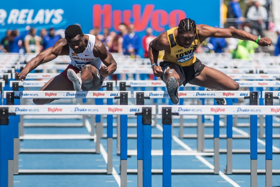 Iowas Anthony Williams runs during the mens 110m hurdles at the 2019 Drake Relays in Des Moines, IA, on Friday, April 26, 2019. Williams time of 13.87s led the prelims, and qualified for Saturdays final.