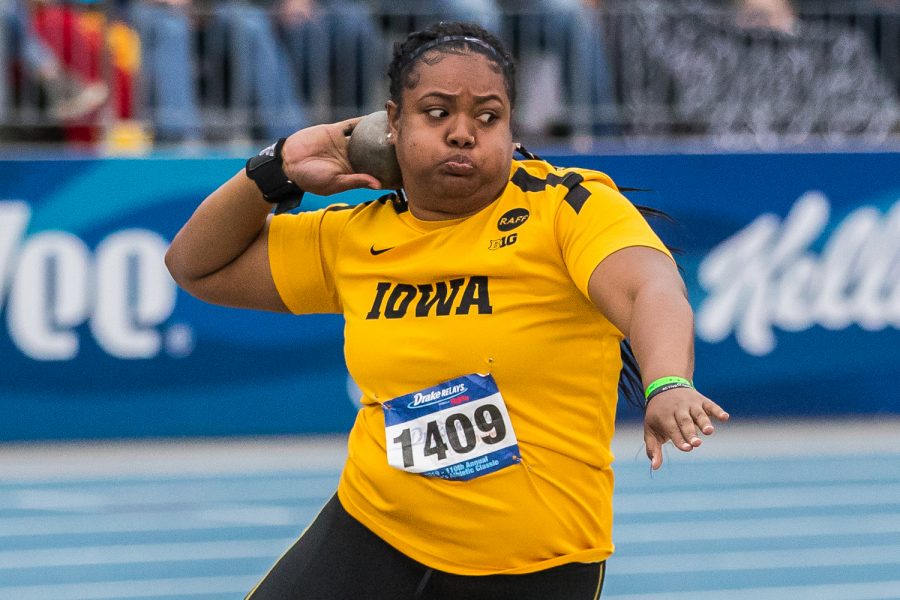 Iowa's Laulauga Tausaga winds up in the women's shot put at the 2019 Drake Relays in Des Moines, IA, on Friday, April 26, 2019. Tausaga finished second with a distance of 16.36m.