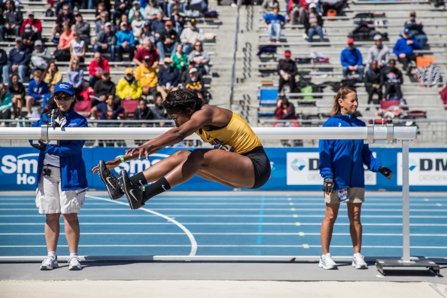 Iowa's Amanda Carty leaps during the women's long jump at the 2019 Drake Relays in Des Moines, IA, on Friday, April 26, 2019. Carty finished with a distance of 5.91m, which was tied her for 12th place.