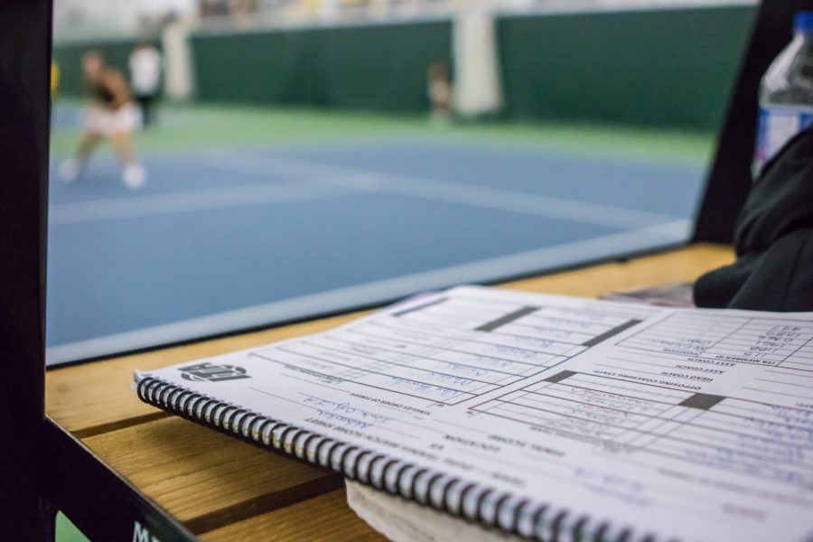 An official's score sheet is seen during a women's tennis match between Iowa and Nebraska at the HTRC on Saturday, April 13, 2019. The Hawkeyes, celebrating senior day, fell to the Cornhuskers, 4-2.