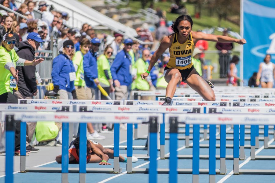 Iowa's Tria Simmons jumps during the women's 100m hurdles at the 2019 Drake Relays in Des Moines, IA, on Friday, April 26, 2019. Simmons' time of 13.73s was good enough to qualify for the finals on Saturday.