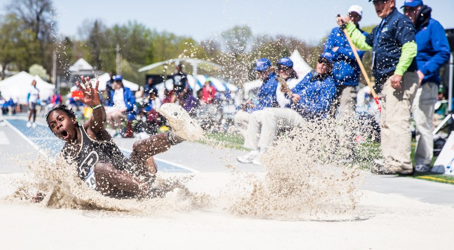 Purdue's Tamar Greene lands in the men's triple jump at the 2019 Drake Relays in Des Moines, IA, on Friday, April 26, 2019. Greene finished second in the event with a distance of 16.17m.