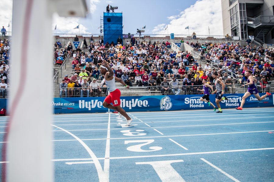 Houston's Terence Ware crosses the finish line during the men's 100m dash at the 2019 Drake Relays in Des Moines, IA, on Friday, April 26, 2019.