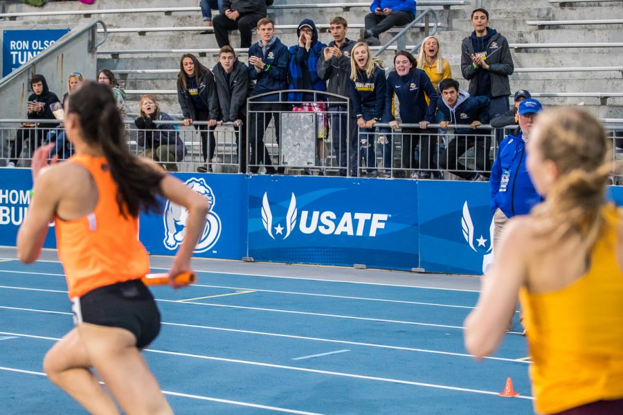 Marquette fans support their team in the women's 4x800m race at the 2019 Drake Relays in Des Moines, IA, on Friday, April 26, 2019.