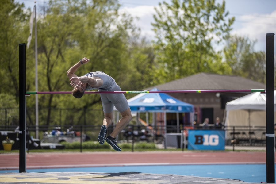 University of Iowa Freshman Peyton Haack competes in the high jump portion of the decathlon during the first day of the Big Ten Track and Field Outdoor Championships at Cretzmeyer Track on Friday, May 10, 2019. Haack placed ninth in the high jump portion of the decathlon at a height of 6 2.