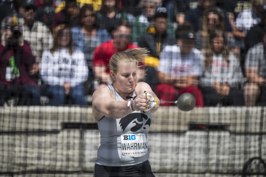 University of Iowa Junior Allison Wahrman throws the hammer during the first day of the Big Ten Track and Field Outdoor Championships at Cretzmeyer Track on Friday, May 10, 2019. Wahrman placed twenty-first in the hammer throw at a distance of 166 10.