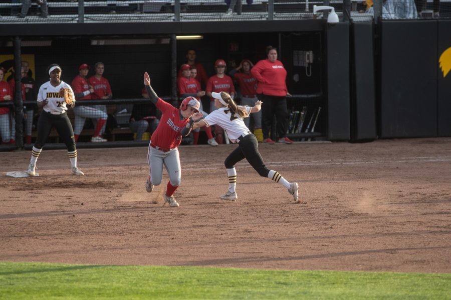 Iowa utility player Aralee Bogar tags a runner during the game against Ohio State at the Bob Pearl Softball field on Friday, May 3, 2019. The Hawkeyes defeated the Buckeyes 1-0.