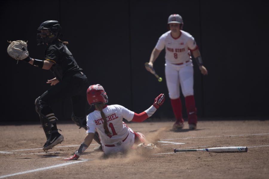 Ohio State outfielder Bri Betschel slides into home during the game against Ohio State at the Bob Pearl Softball field on Saturday, May 4, 2019. The Hawkeyes were defeated by the Buckeyes 0-10.
