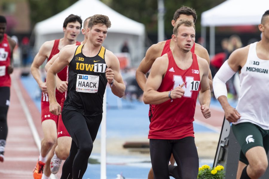 University of Iowa freshman Peyton Haack competes in the 1500-meter run decathlon during the second day of the Big Ten Track and Field Outdoor Championships at Cretzmeyer Track on Saturday, May 11, 2019. Haack placed seventh in the 1500-meter run decathlon. 