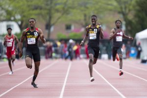 University of Iowa freshman Wayne Lawrence Jr. competes in the 400 meter dash preliminaries during the second day of the Big Ten Track and Field Outdoor Championships at Cretzmeyer Track on Saturday, May 11, 2019. Lawrence placed ninth in the 400 meter dash preliminaries. 