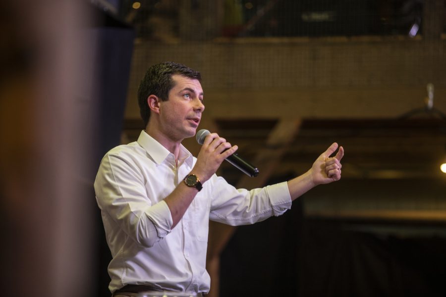 2020 Democratic presidential-nomination candidate Pete Buttigieg speaks during the town hall at the Wildwood Smokehouse & Saloon on May 18, 2019. The Iowa City event marked the third of four Iowa campaign stops for Buttigieg this weekend. 