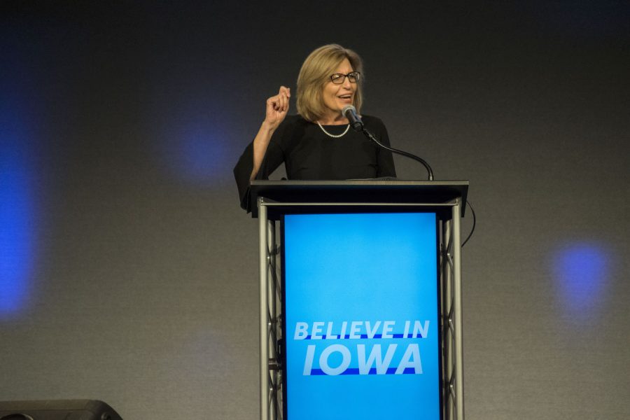 Rita Hart speaks at the Democratic Gala on Saturday, October 6, 2018. Hart is the State Sen. of the 49th district but is hoping to be elected as Lieutenant Governor. (Thomas A. Stewart/ Daily Iowan)