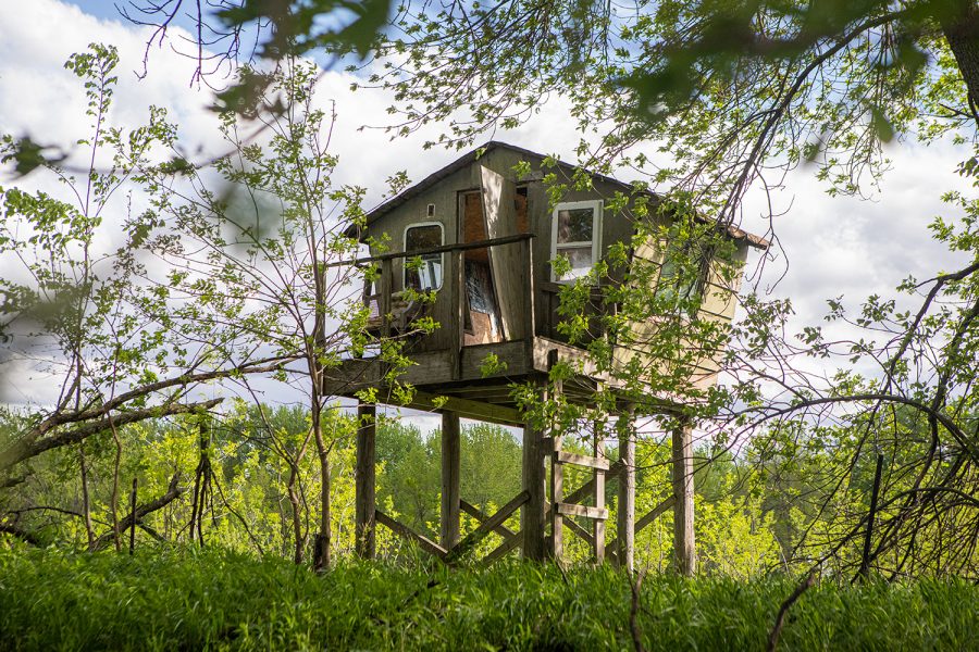 A shelter stands along the Iowa River on May 22, 2019.