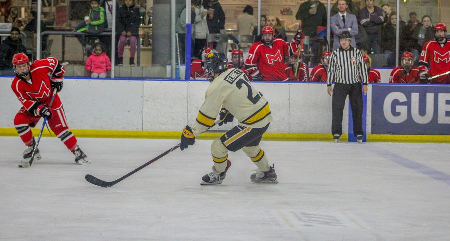 Jake Venetti takes the puck towards the Maryville goal during the game on November 30, 2018. 
