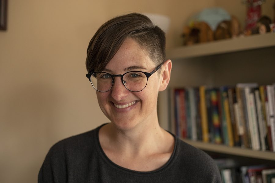 Rev. Anna Blaedel poses for a portrait in the Wesley Center on Wednesday, April 10.(Ryan Adams/The Daily Iowan)