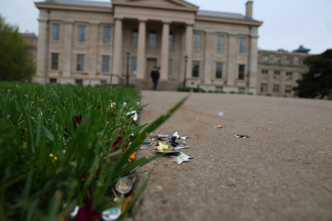 Litter on the Pentacrest is seen on Tuesday, May 7. (Courtesy of UI Pentacrest Museums.)