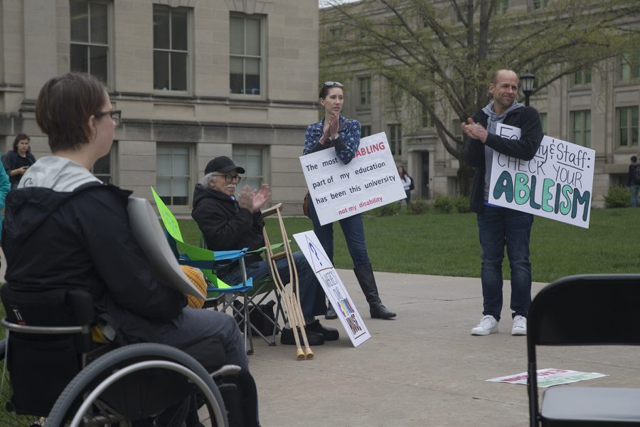 Attendees+clap+after+one+of+the+volunteering+speakers+on+the+Pentacrest+on+Wednesday%2C+May+1%2C+2019.+UI+Students+for+Disability+Advocacy+%26amp%3B+Awareness+organized+this+rally+to+speak+about+the+injustice+that+students+with+disabilities+face+on+campus.