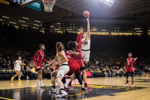 Iowa center Megan Gustafson lays the ball up during a womens basketball matchup between Iowa and Rutgers at Carver-Hawkeye Arena on Wednesday, January 23, 2019. The Hawkeyes defeated the Scarlet Knights, 72-66. (Shivansh Ahuja/The Daily Iowan)