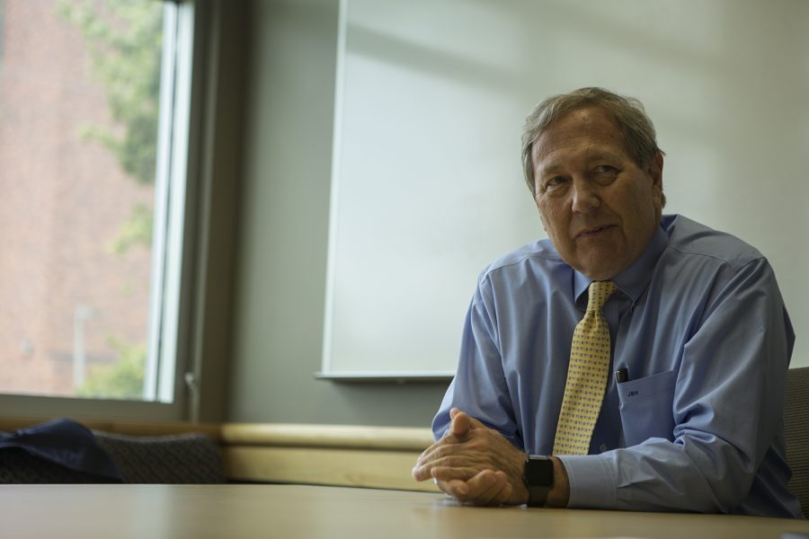 University of Iowa President Bruce Harreld sits down for an interview with the Daily Iowan in the Adler Journalism Building on May 2, 2019.
