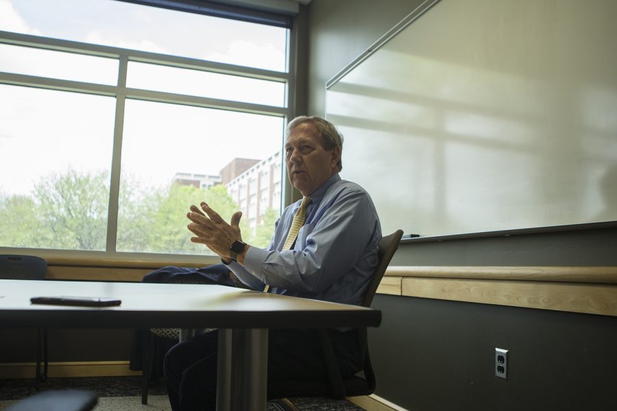 University of Iowa President Bruce Harreld sits down for an interview with the Daily Iowan in the Adler Journalism Building on May 2, 2019. 