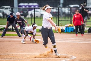 Iowa pitcher Erin Riding throws a pitch during a softball game between Iowa and Ohio State at Bob Pearl Field on Sunday, May 5, 2019. The Hawkeyes, celebrating senior day, fell to the Buckeyes, 5-0.