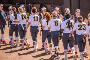 Players line up after a softball game between Iowa and Ohio State at Bob Pearl Field on Sunday, May 5, 2019. The Hawkeyes, celebrating senior day, fell to the Buckeyes, 5-0.