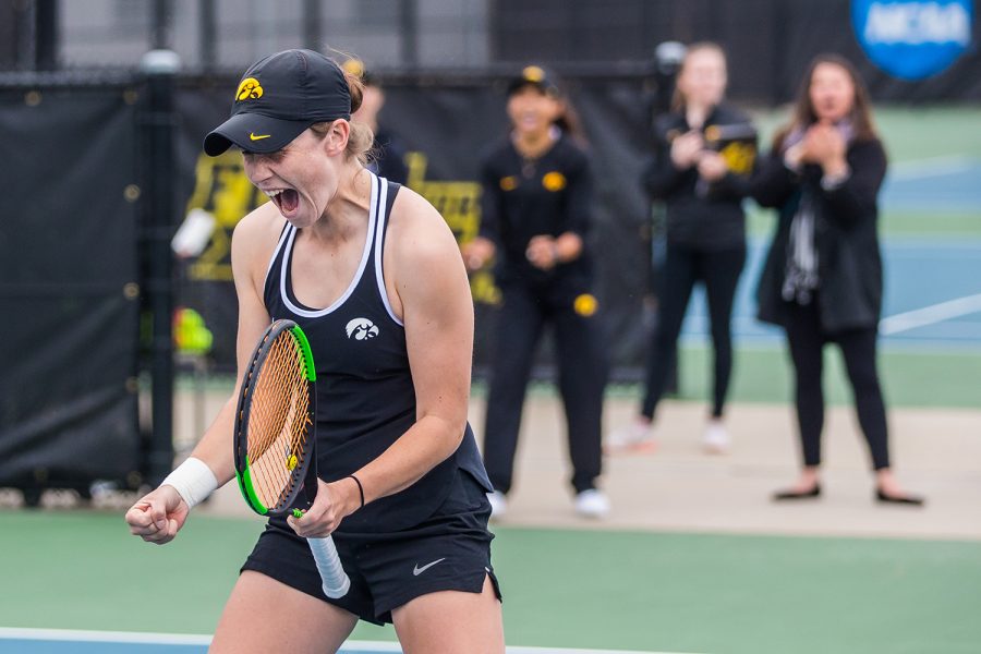 Iowas Elise Van Heuvelen Treadwell celebrates a point during a womens tennis match between Iowa and Rutgers at the HTRC on Friday, April 5, 2019. The Hawkeyes defeated the Scarlet Knights, 6-1.