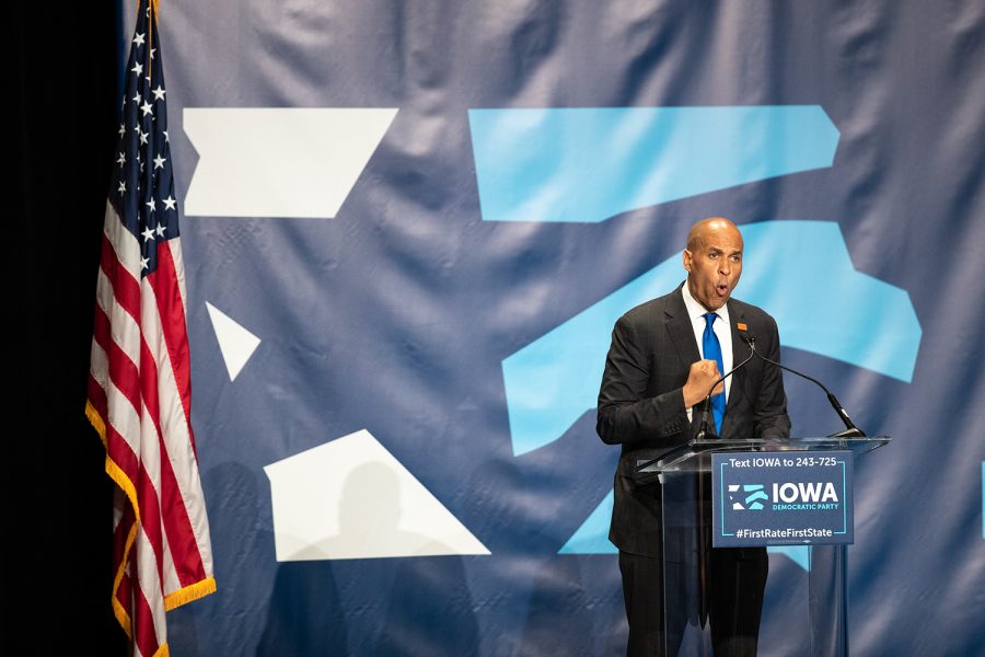 2020 Democratic Presidential candidate Cory Booker speaks at Doubletree Hilton Hotel in Cedar Rapids on Sunday, June 9, 2019. 19 democrats spoke at the Iowa Democratic Party Hall of Fame.