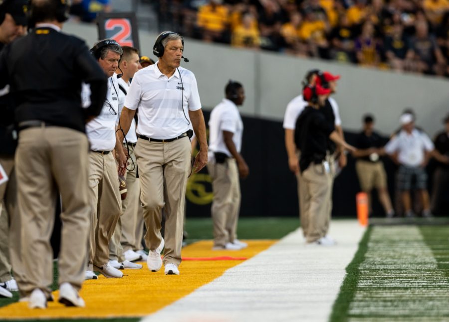 Iowa head coach Kirk Ferentz paces the sidelines during a game against Northern Iowa at Kinnick Stadium on Saturday, Sep. 15, 2018. The Hawkeyes defeated the Panthers 38–14. (David Harmantas/The Daily Iowan)