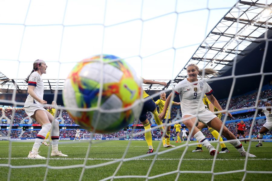 LE HAVRE, FRANCE - JUNE 20: Lindsey Horan of the USA scores her team's first goal the 2019 FIFA Women's World Cup France group F match between Sweden and USA at Stade Oceane on June 20, 2019 in Le Havre, France. (Alex Grimm/Getty Images/TNS)