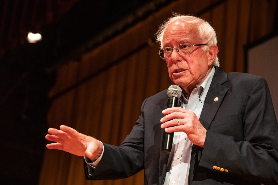 Senator Bernie Sanders, I-VT answers a question during a Political Party Live event at the Sinclair Auditorium in Cedar Rapids on Friday, June 7, 2019. (Wyatt Dlouhy/The Daily Iowan)
