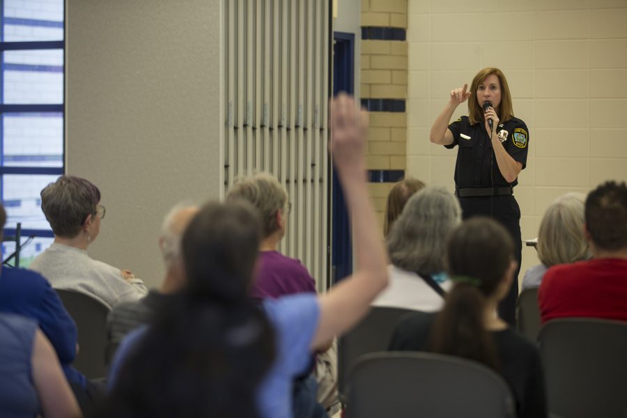 Iowa City Police Captain Denise Brotherton addresses the audience during a community meeting on the shooting at Mercer Park Aquatic Center on June 17, 2019. Police answered questions on community safety and police measures. (Katie Goodale/The Daily Iowan)