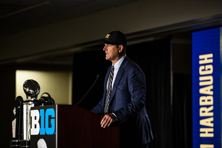Michigan+head+coach+Jim+Harbaugh+speaks+during+the+second+day+of+Big+Ten+Football+Media+Days+in+Chicago%2C+Ill.%2C+on+Friday%2C+July+19%2C+2019.