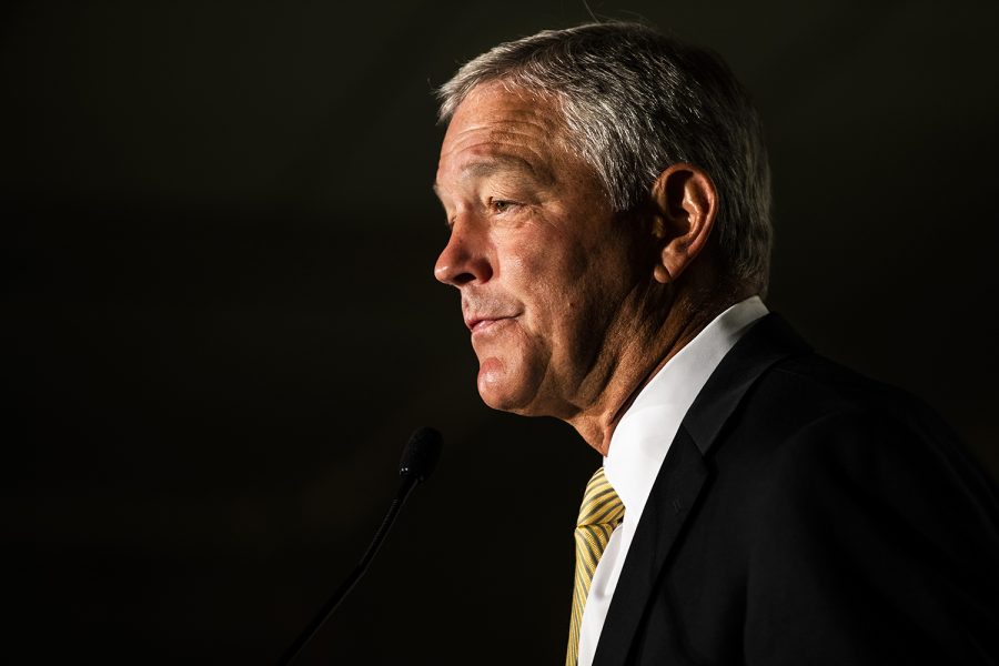 Iowa head coach Kirk Ferentz speaks during the second day of Big Ten Football Media Days in Chicago, Ill., on Friday, July 19, 2019.