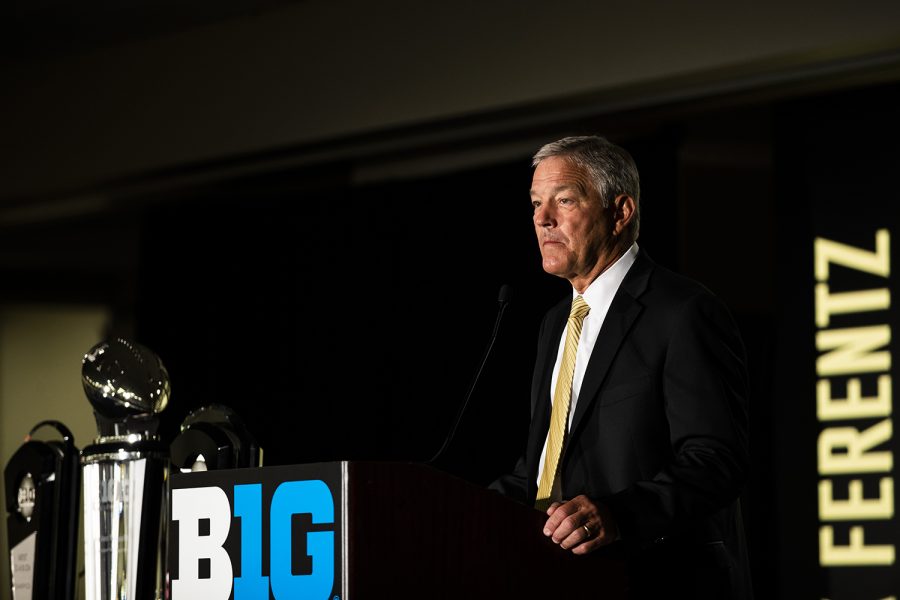 Iowa head coach Kirk Ferentz speaks during the second day of Big Ten Football Media Days in Chicago, Ill., on Friday, July 19, 2019.