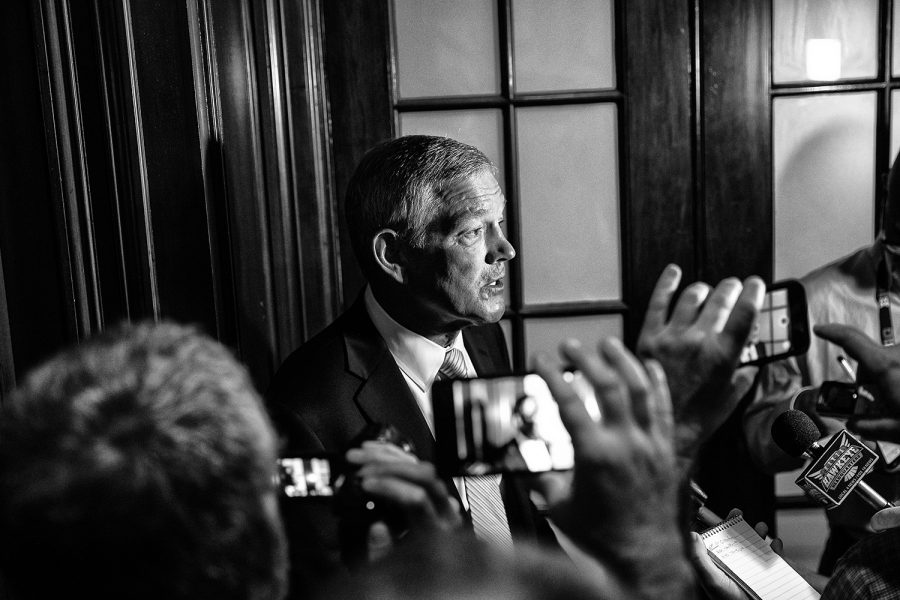 Iowa head coach Kirk Ferentz talks to the media during the second day of Big Ten Football Media Days in Chicago, Ill., on Friday, July 19, 2019.