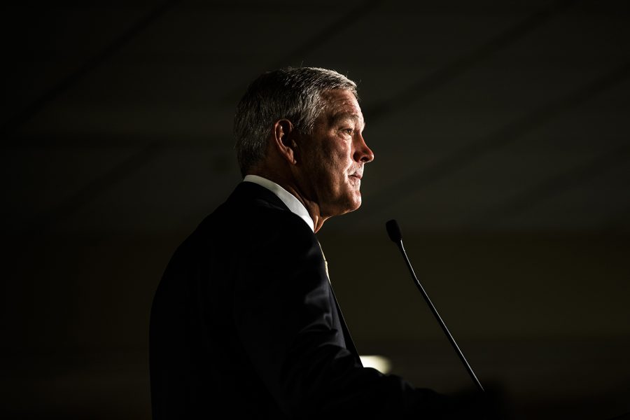 Iowa head coach Kirk Ferentz speaks during the second day of Big Ten Football Media Days in Chicago, Ill., on Friday, July 19, 2019.