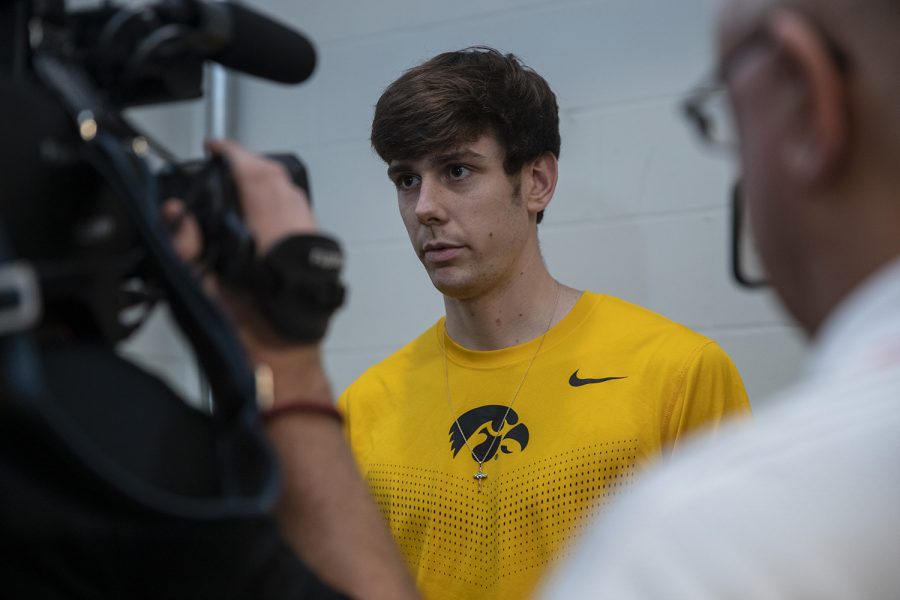 Patrick McCaffery speaks with members of the press during an Iowa men’s basketball media availability at Carver-Hawkeye Arena on July 24, 2019. (Katie Goodale/The Daily Iowan)