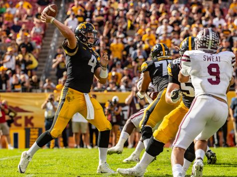 Iowa quarterback Nate Stanley throws a pass during the Outback Bowl game between Iowa and Mississippi State at Raymond James Stadium in Tampa, Florida on Tuesday, January 1, 2019. The Hawkeyes defeated the Bulldogs 27-22.