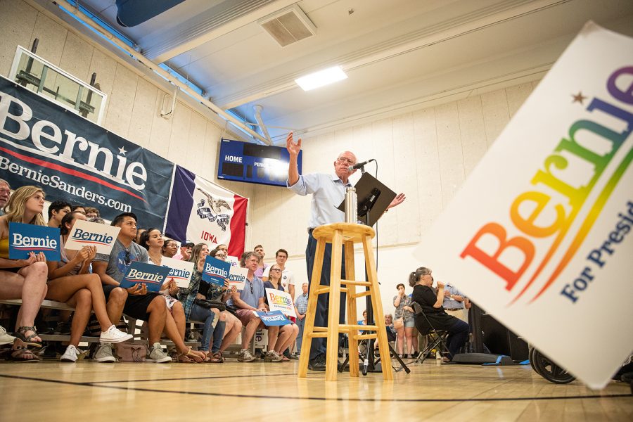 U.S. Sen. Bernie Sanders, I-Vermont, speaks to supporters during an ice cream social, Tuesday, July 2, 2019, at the Robert A. Lee Recreation Center in Iowa City, Iowa.