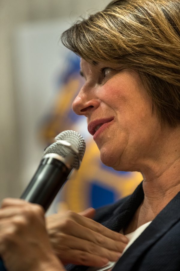 Sen. Amy Klobuchar, D-M.N., addresses members during the 2019 Midwest School for Woman Workers at The Hilton Garden Inn in Iowa City on Thursday July 25, 2019.