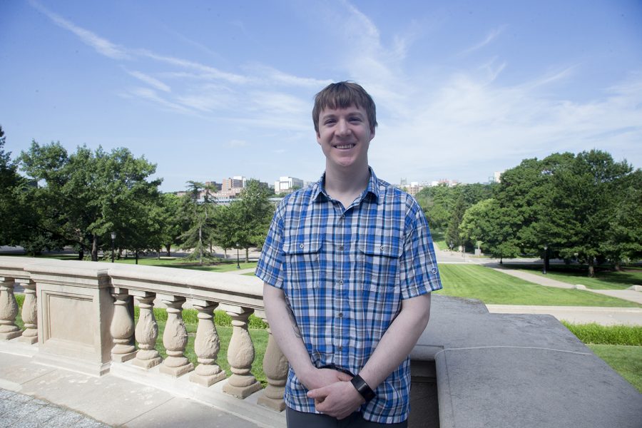 Fullbright scholar Erik Ovrom poses for a portrait outside the Old Capitol building on Thursday, July 4, 2019. Ovrom will be teaching English in Mexico City. (Emily Wangen/The Daily Iowan)