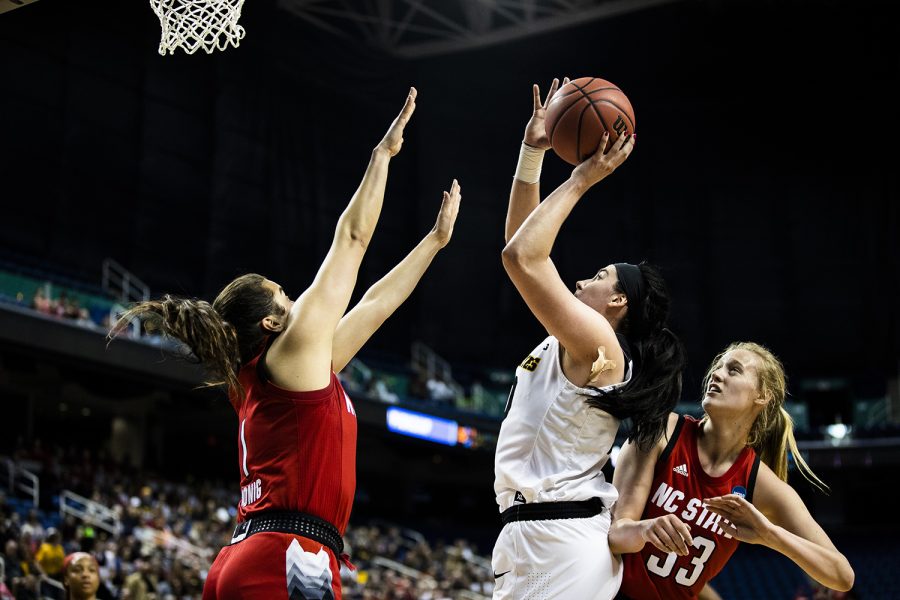 Iowa center Megan Gustafson shoots the ball during the NCAA Sweet 16 game against NC State at the Greensboro Coliseum Complex on Saturday, March 30, 2019. The Hawkeyes defeated the Wolfpack 79-61.